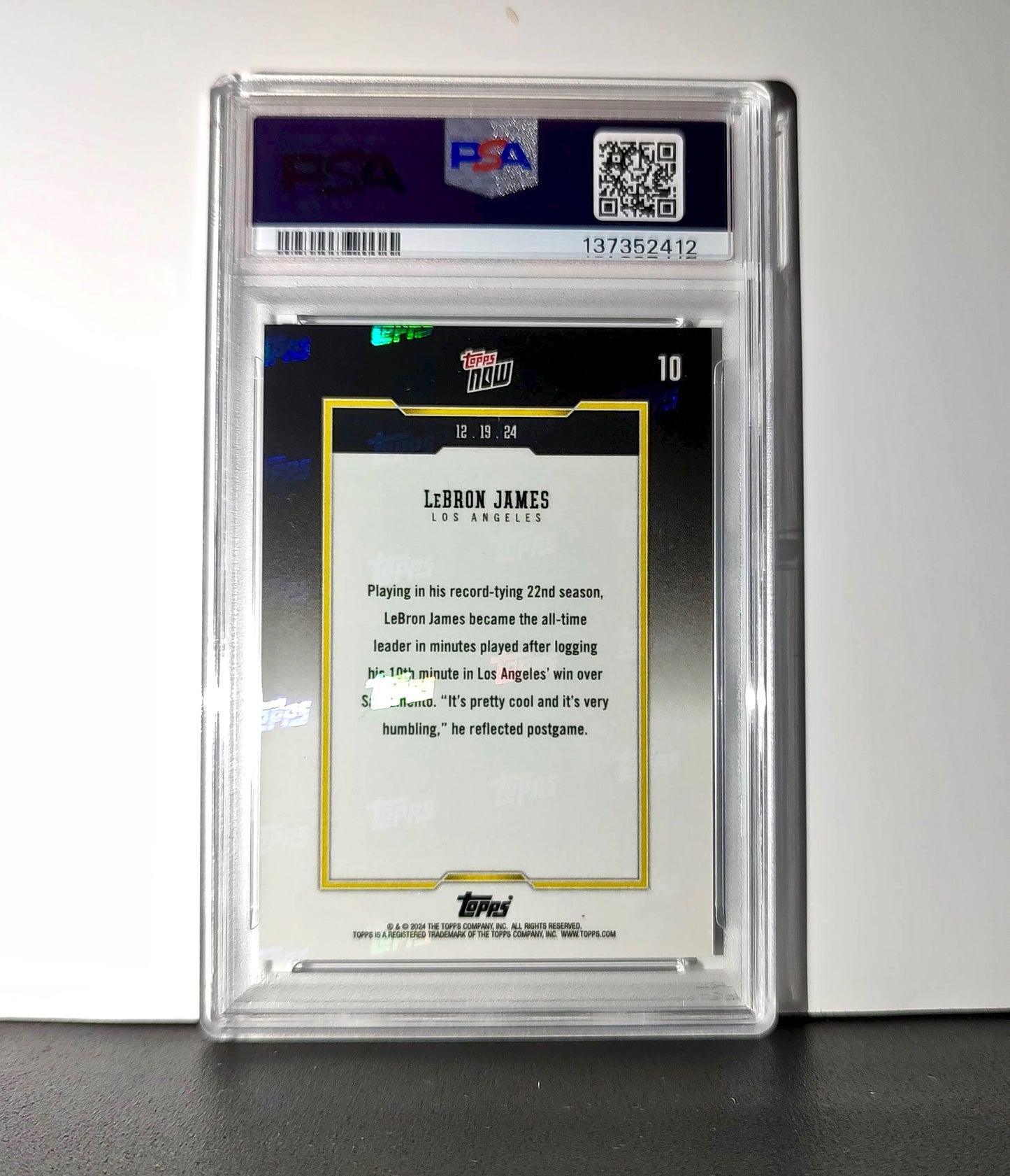 LeBron James 2024 Topps Now #10 All-Time Leader Minutes Played Gold 10/50 PSA 9