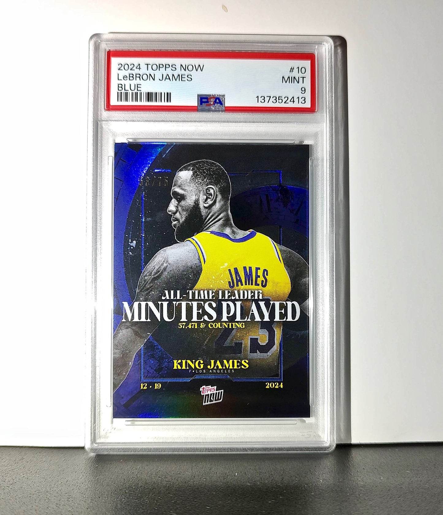 LeBron James 2024 Topps Now #10 All-Time Leader Minutes Played Blue 63/75 PSA 9
