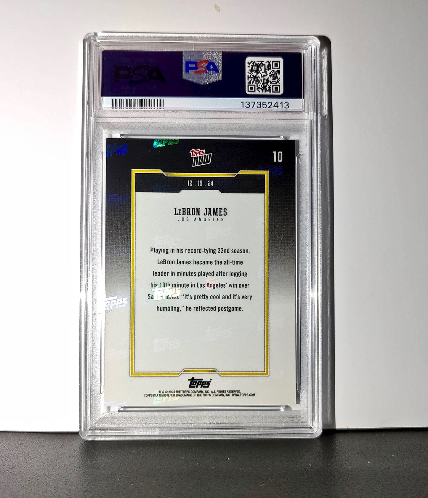 LeBron James 2024 Topps Now #10 All-Time Leader Minutes Played Blue 63/75 PSA 9