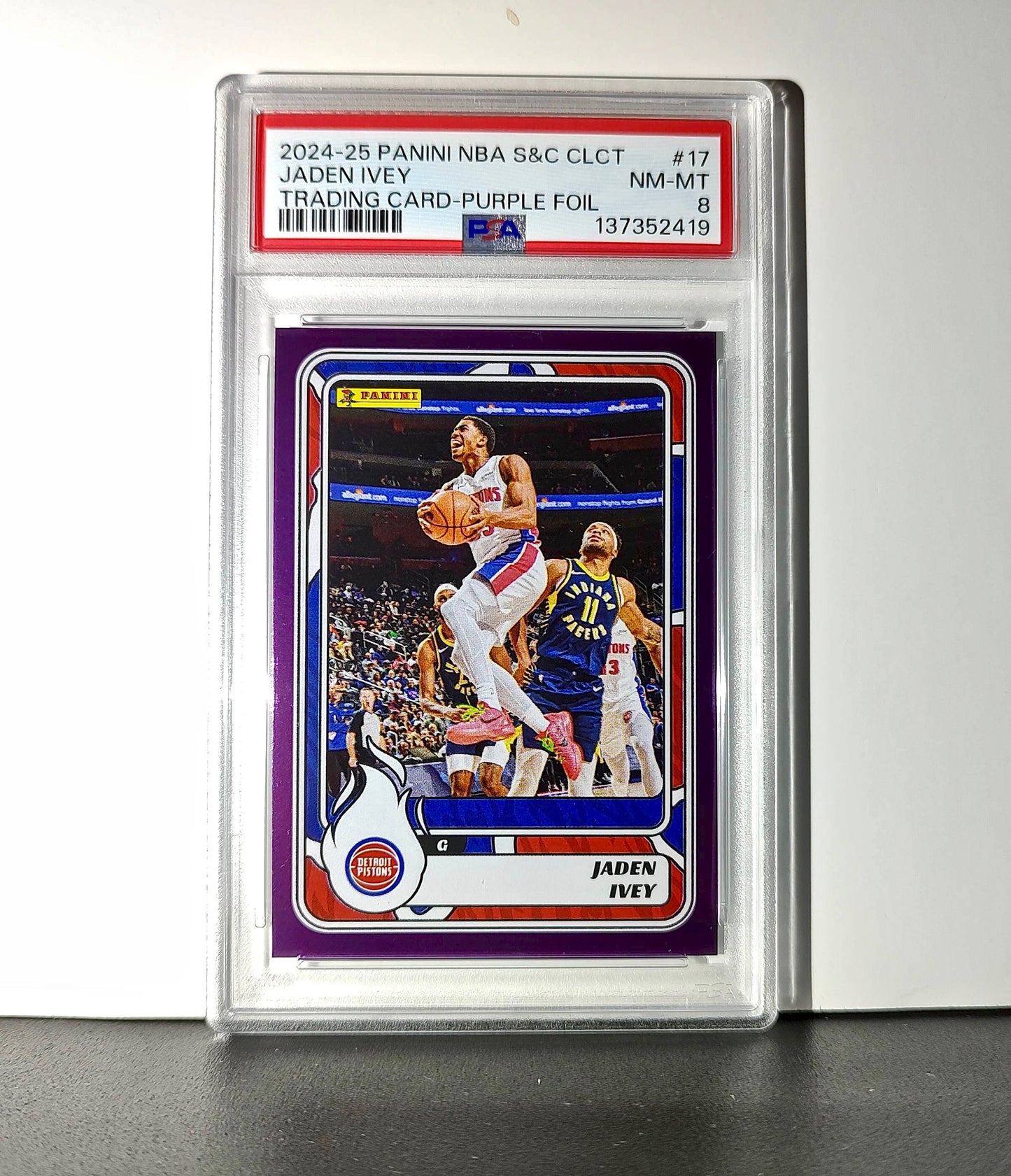 Jaden Ivey 2024-25 Panini NBA #17 Sticker 50/75 Purple Foil PSA 8 NM-MT