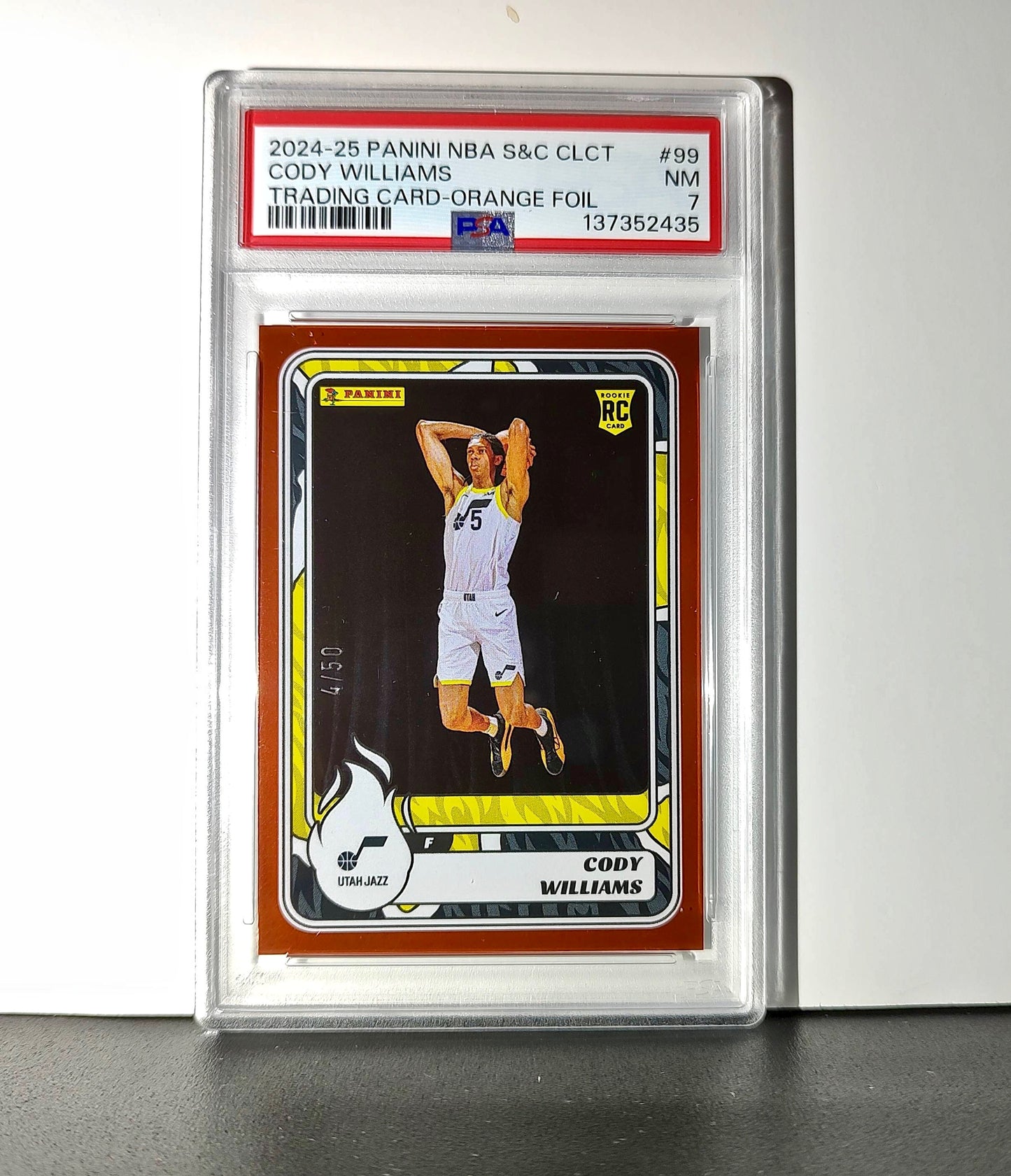 Cody Williams Rookie 2024-25 Panini NBA #99 Sticker 4/50 Orange Foil PSA 7 NM