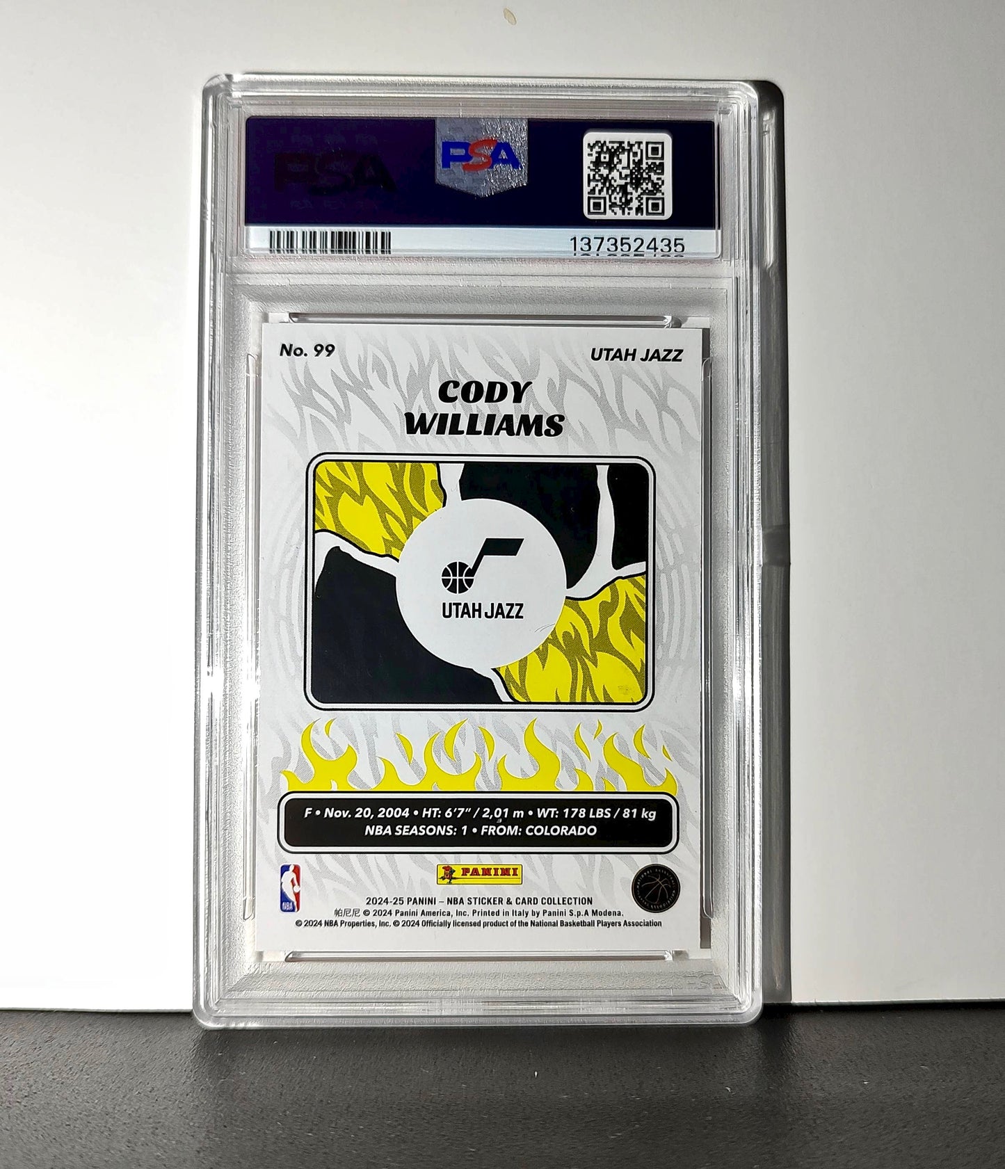 Cody Williams Rookie 2024-25 Panini NBA #99 Sticker 4/50 Orange Foil PSA 7 NM