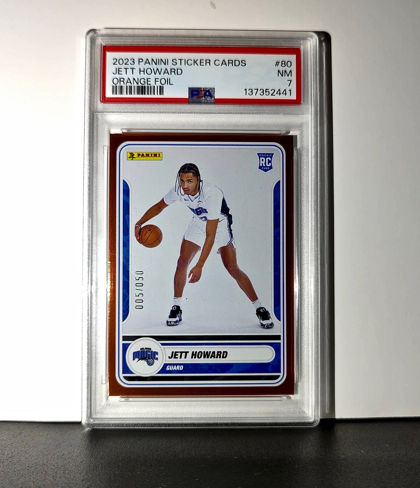 Jett Howard 2023-24 Sticker 005/050 Orange Foil 80 PSA 7 NM
