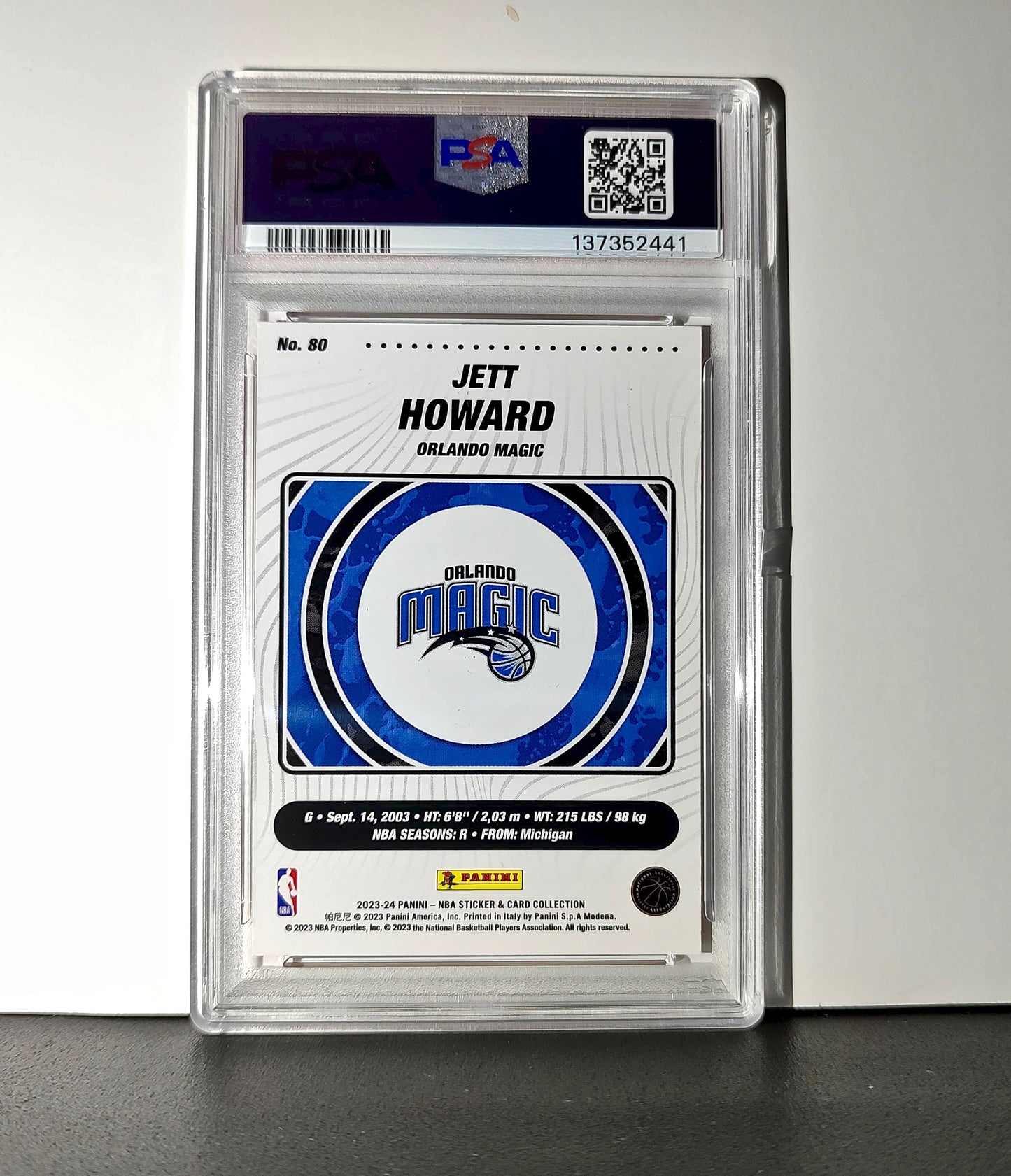 Jett Howard 2023-24 Sticker 005/050 Orange Foil 80 PSA 7 NM