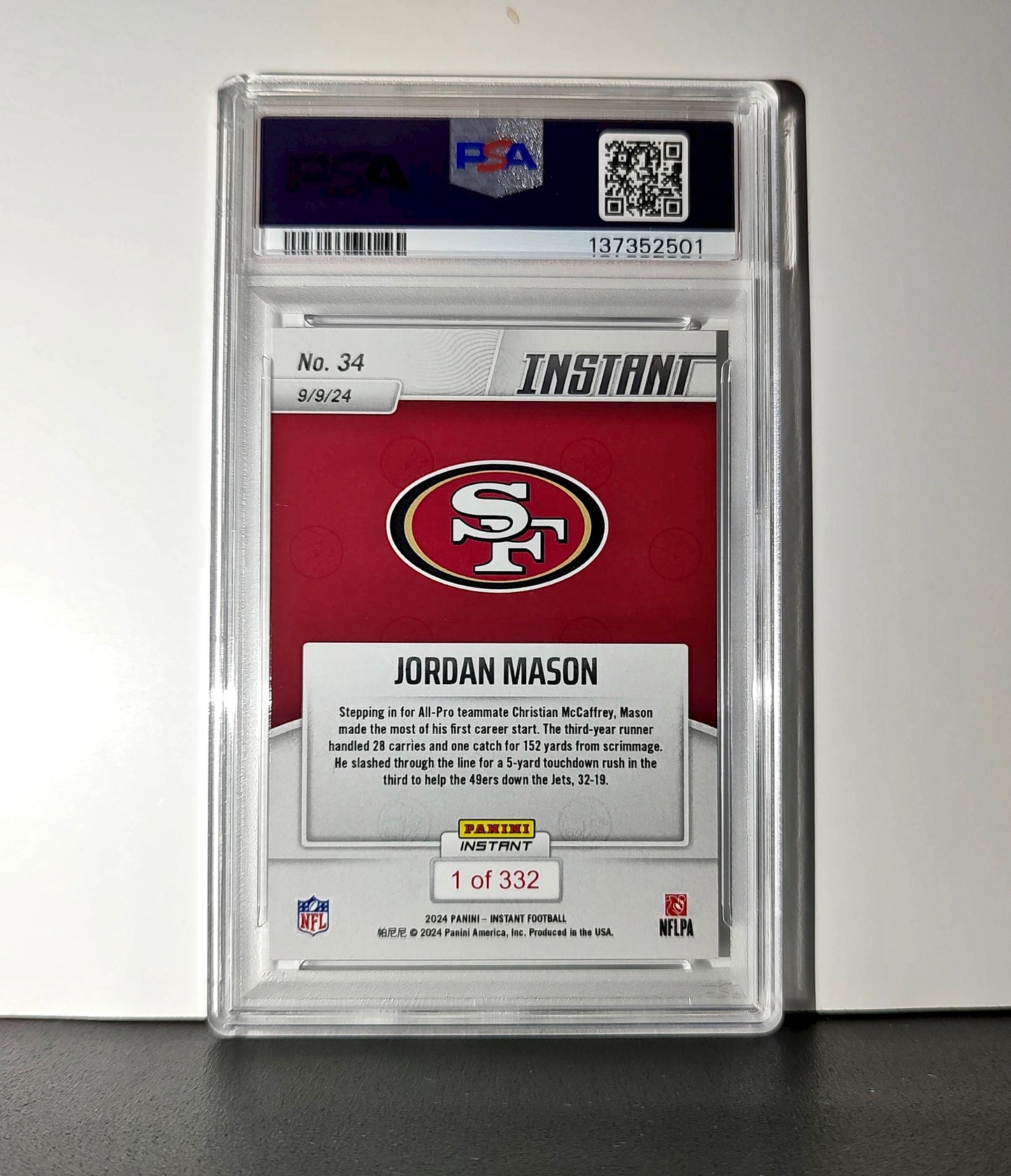 Jordan Mason Rookie 2024 Panini Instant NFL #34 PSA 10 Gem Mint