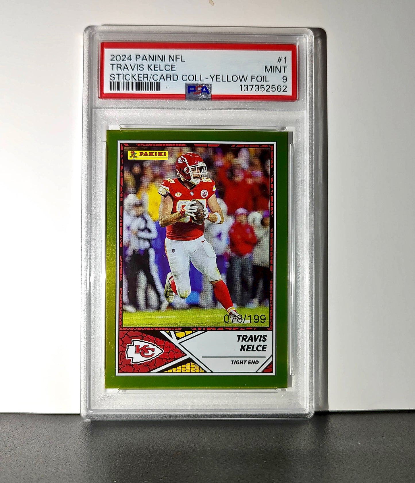 Travis Kelce 2024 Panini Sticker Collection 078/199 #1 Gold Foil PSA 9 Mint