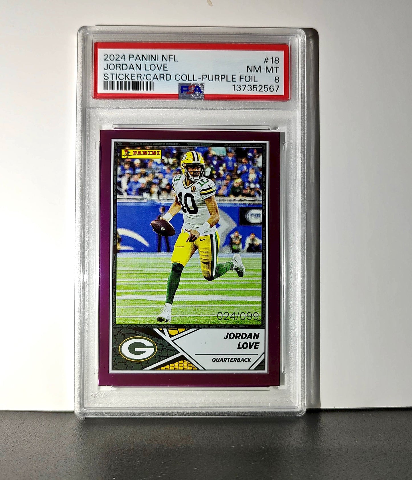 Jordan Love 2024 Panini Sticker Collection 024/099 #18 Purple Foil PSA 8 NM-MT