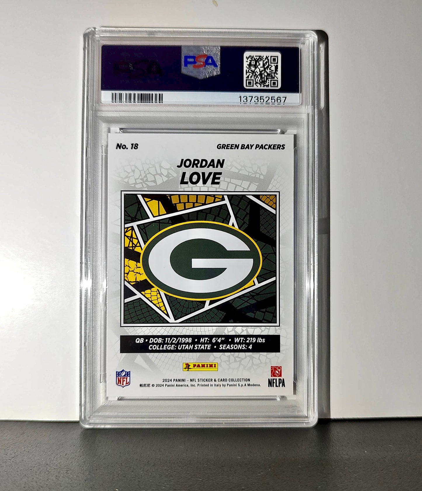 Jordan Love 2024 Panini Sticker Collection 024/099 #18 Purple Foil PSA 8 NM-MT