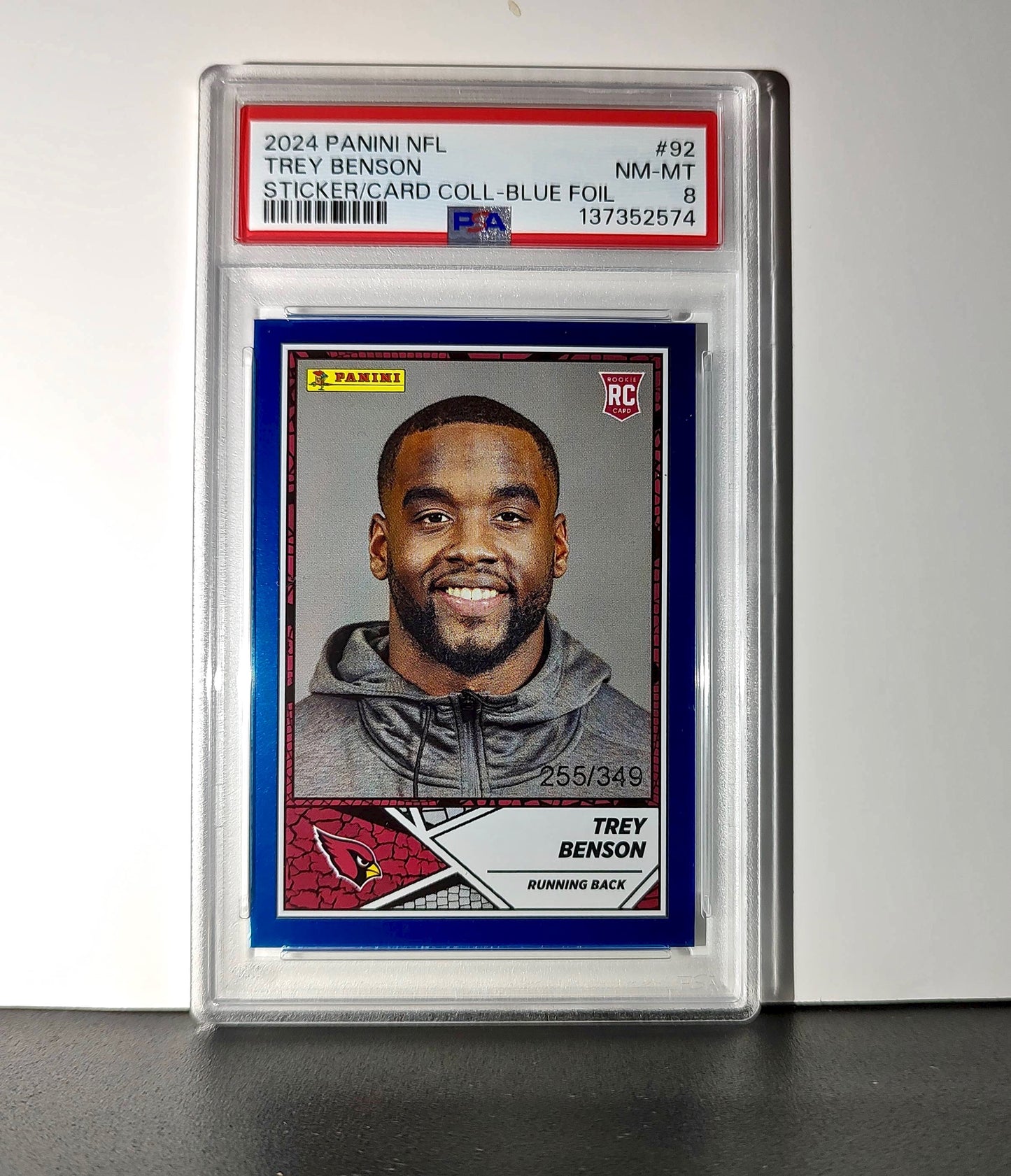 Trey Benson Rookie 2024 Panini Sticker Collection 255/349 #92 Blue Foil PSA 8