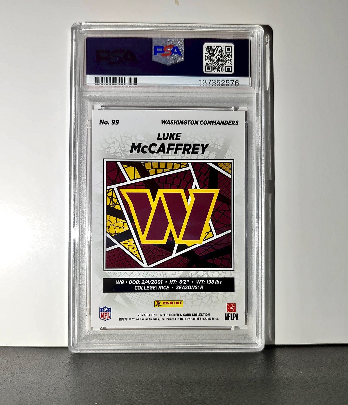Luke McCaffrey 2024 Panini Sticker Collection 239/299 #99 Rookie Red Foil PSA 8