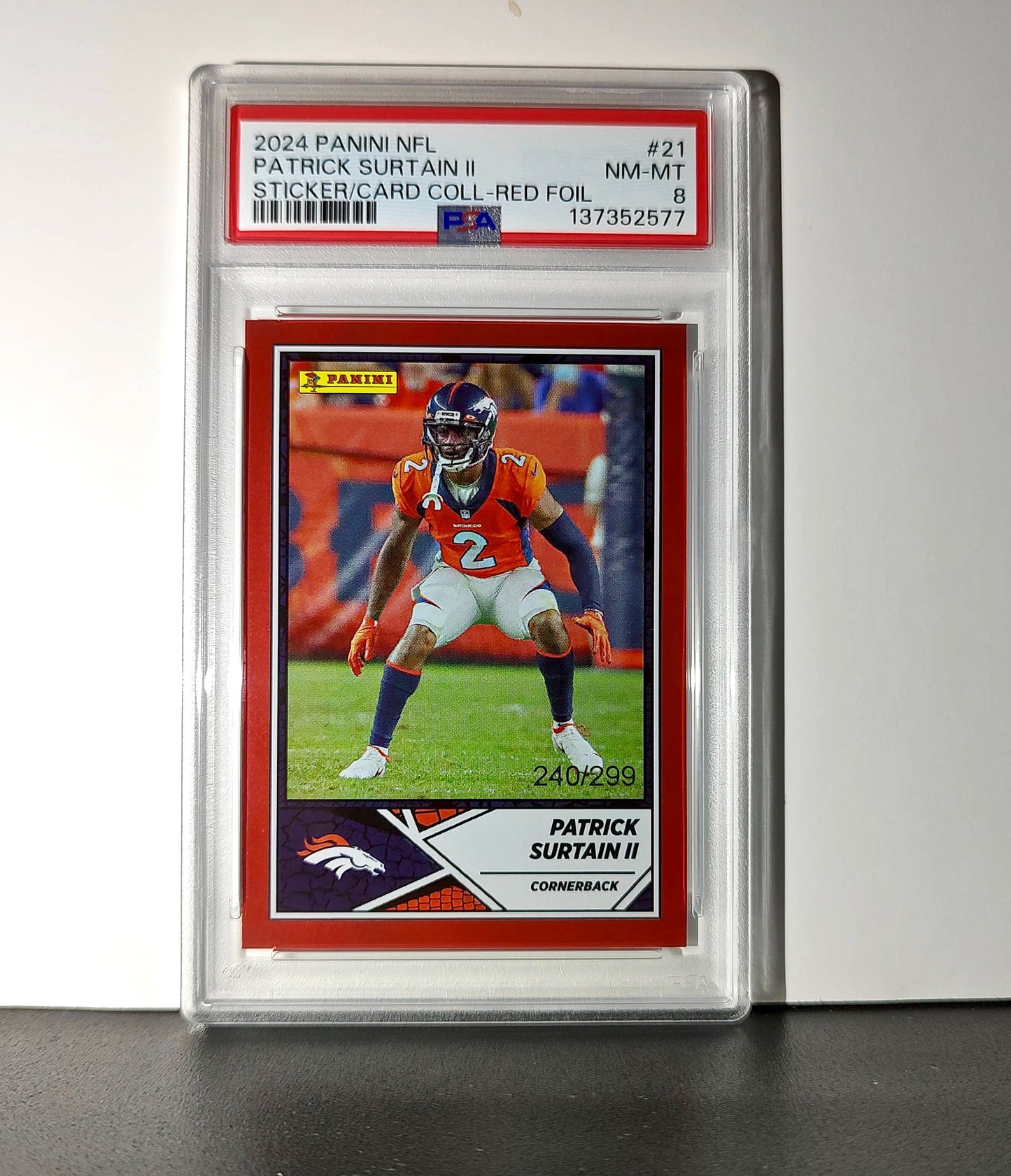 Patrick Surtain II Rookie 2024 Panini Sticker 240/299 #21 Red Foil PSA 8 NM-MT
