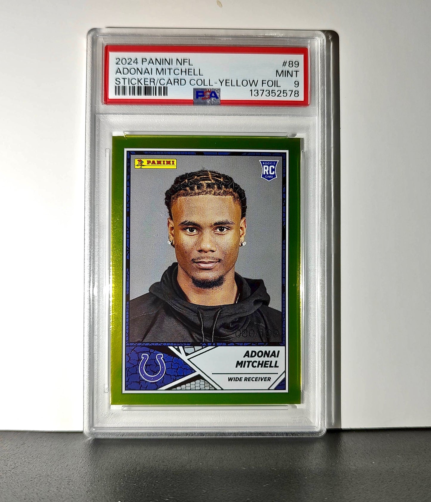 Adonai Mitchell 2024 Panini Sticker Collection 080/199 #89 Gold Foil PSA 9 Mint
