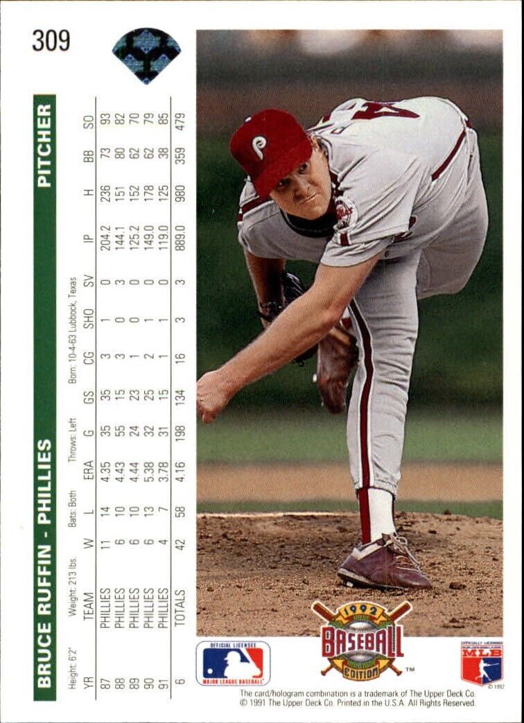 Bruce Ruffin 1992 Upper Deck MLB #309 Baseball Card Philadelphia Phillies