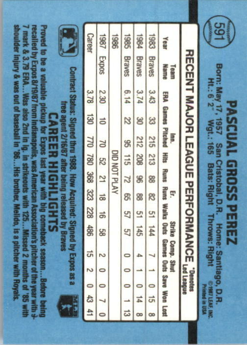 1988 Pascual Perez Donruss Baseball Card #591