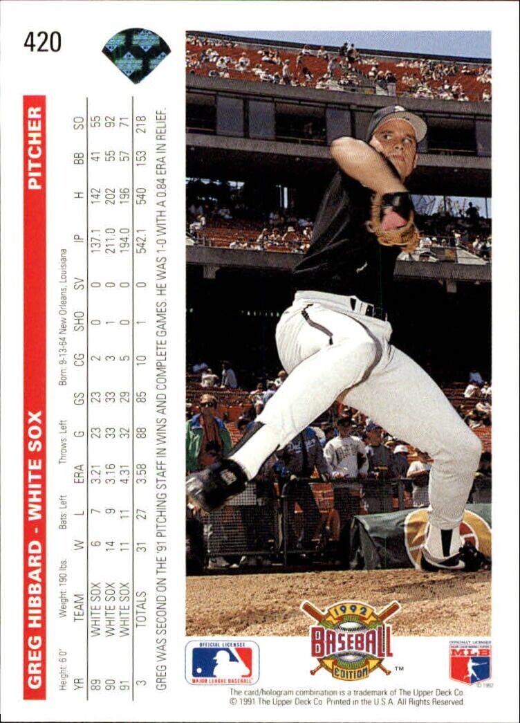 Greg Hibbard 1992 Upper Deck MLB #420 Baseball Card Chicago White Sox