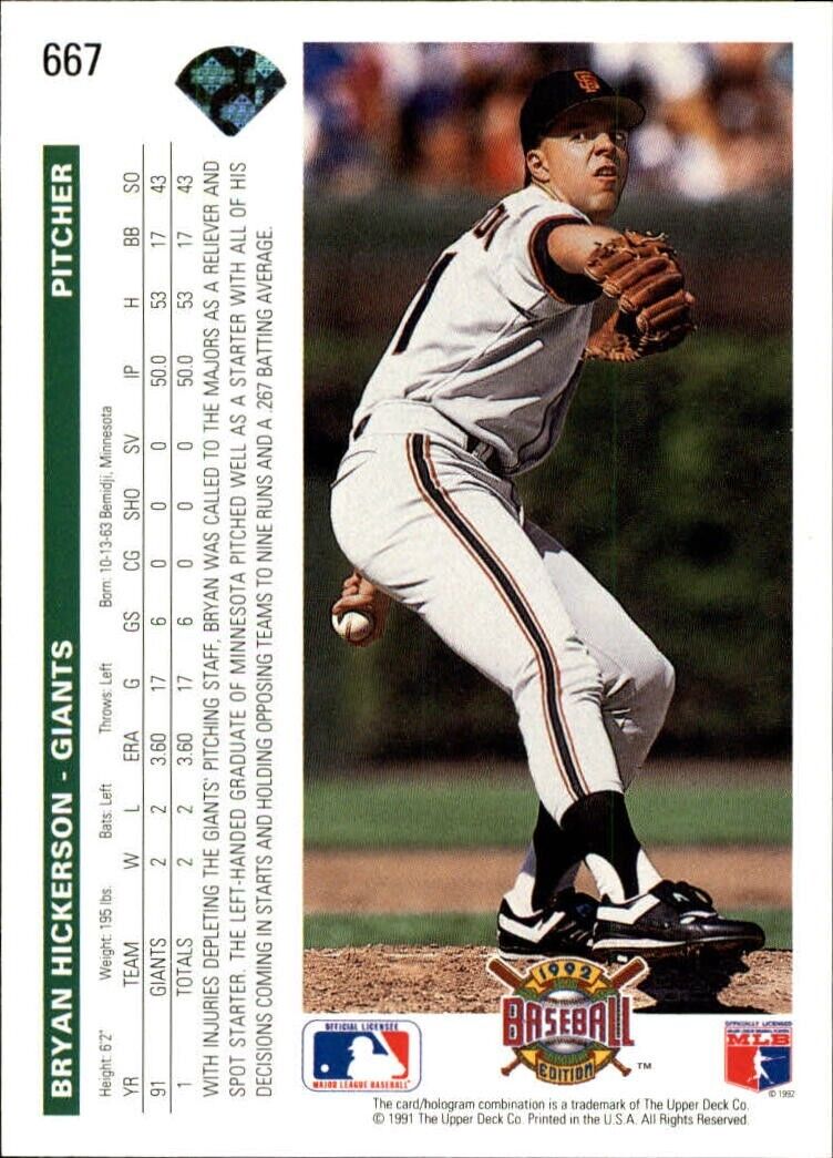 Bryan Hickerson 1992 Upper Deck MLB #667 Rookie Baseball Card SF Giants