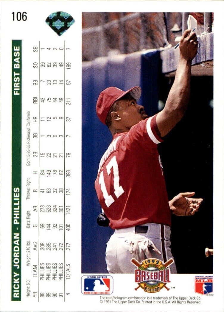 Ricky Jordan 1992 Upper Deck MLB #106 Baseball Card Philadelphia Phillies