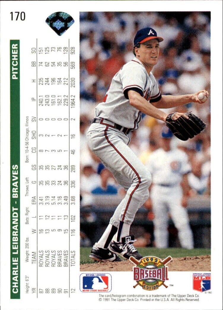 Charlie Leibrandt 1992 Upper Deck MLB #170 Baseball Card Atlanta Braves