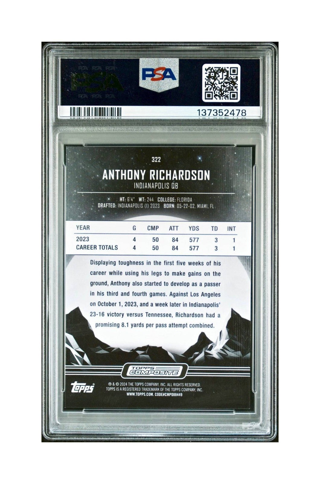 Anthony Richardson 2023 Topps Midnight Rookie #322 PSA 9 Mint