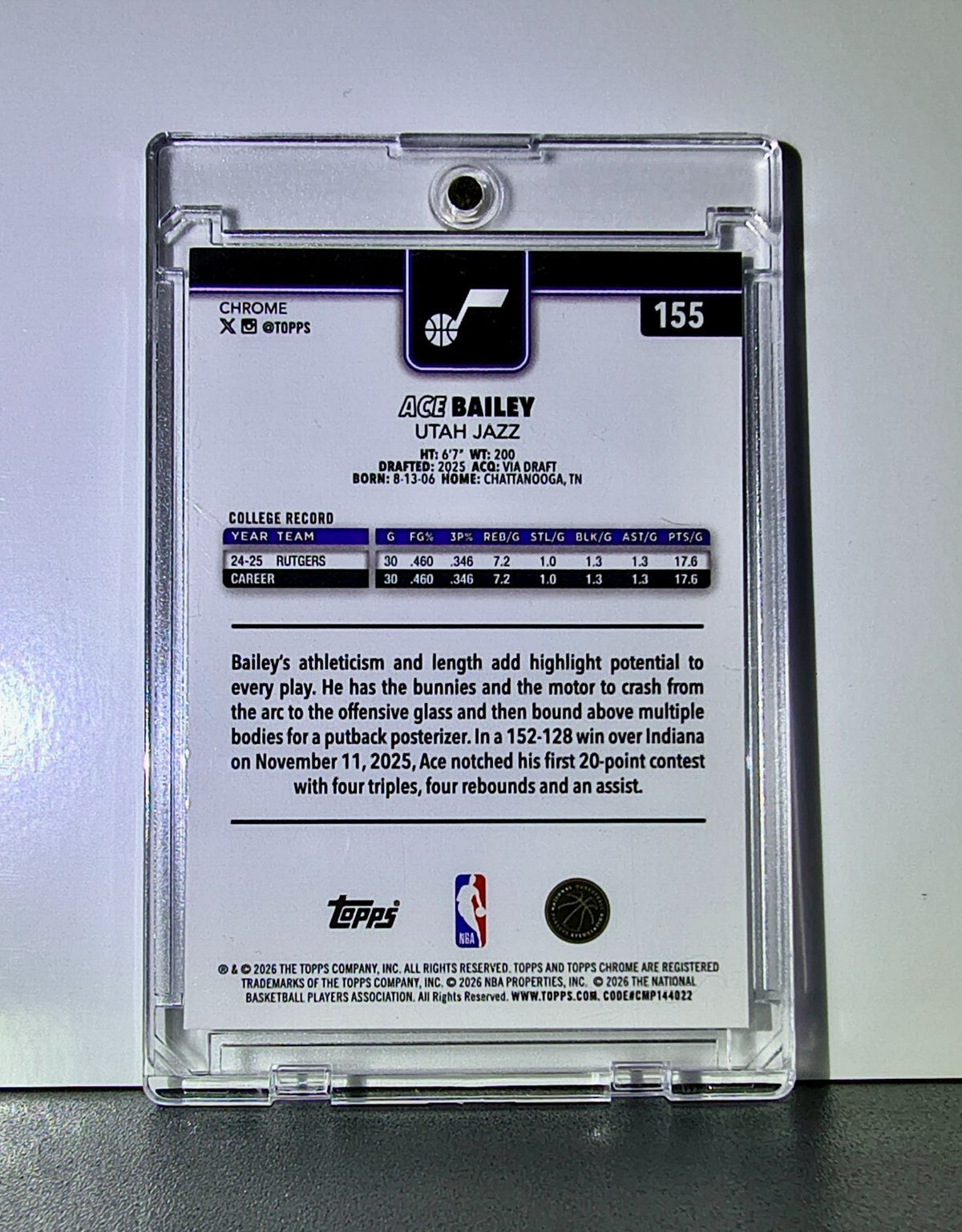 Ace Bailey Rookie 2025-26 NBA Topps Chrome Update Refractor Basketball Card Jazz