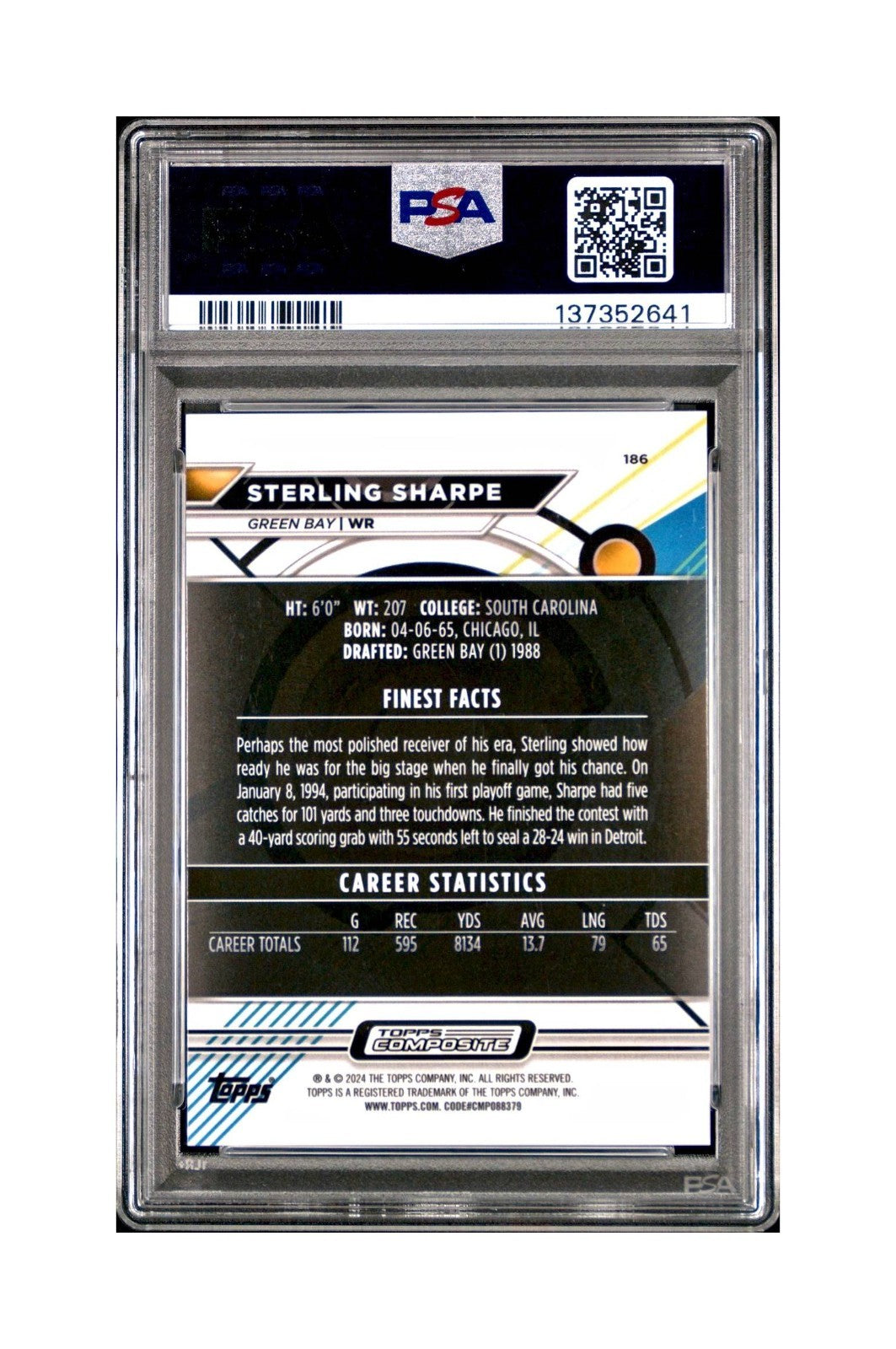 Sterling Sharpe 2023 Topps 025/325 Finest #186 Sky Blue Refractor PSA 10 Gem