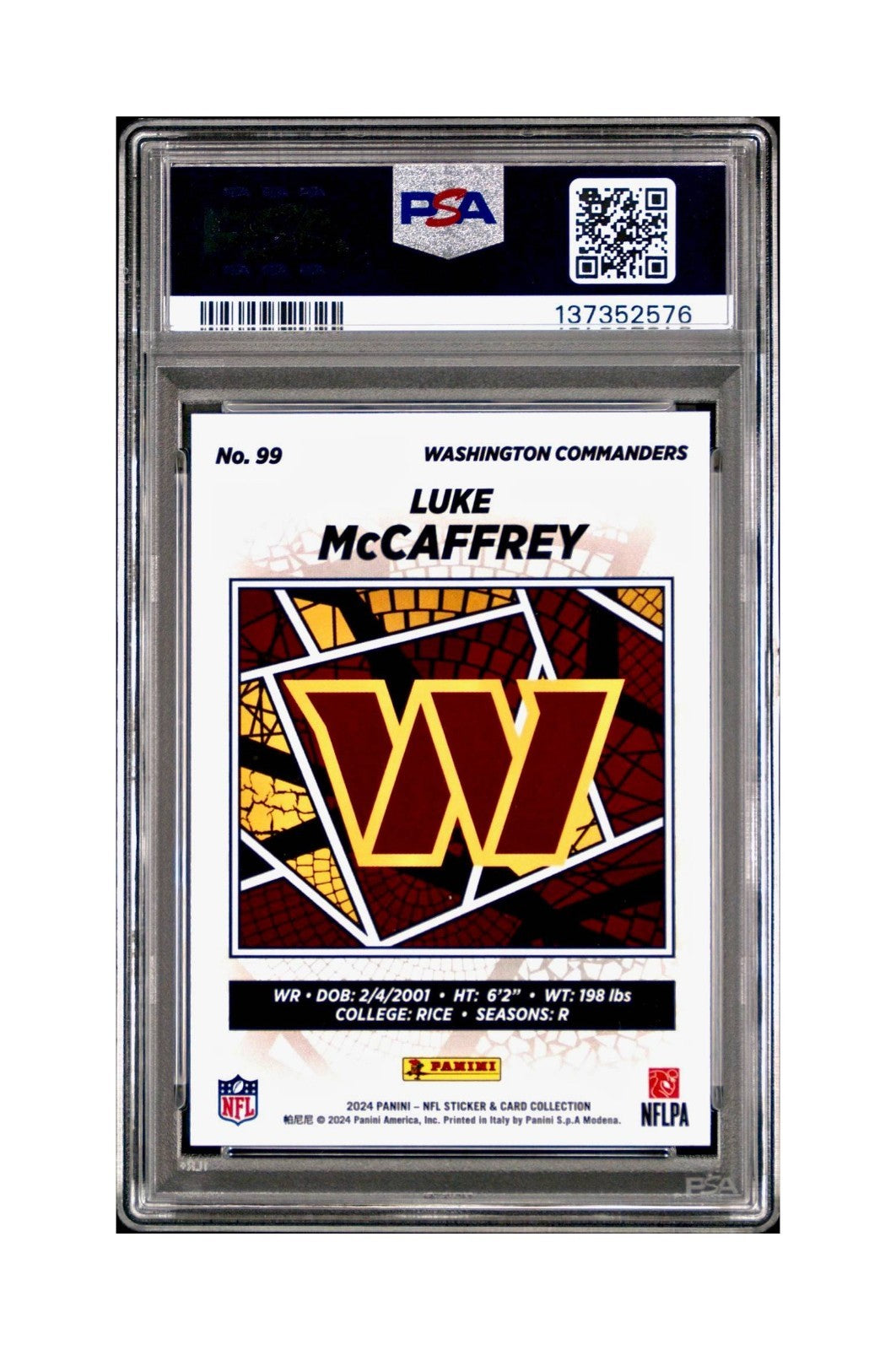 Luke McCaffrey 2024 Panini Sticker Collection 239/299 #99 Rookie Red Foil PSA 8 