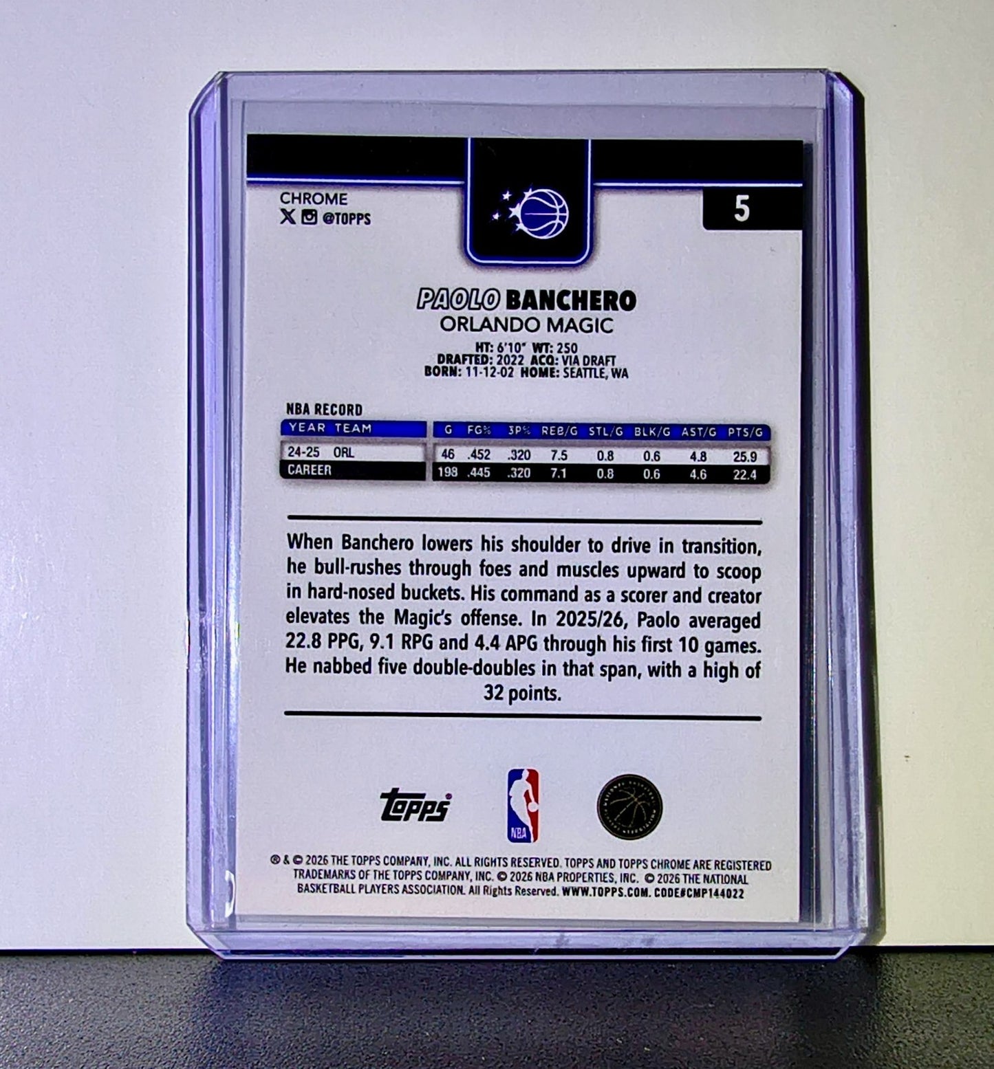 Paolo Banchero 2025-26 NBA Topps Chrome Update #5 Basketball Card Orlando Magic