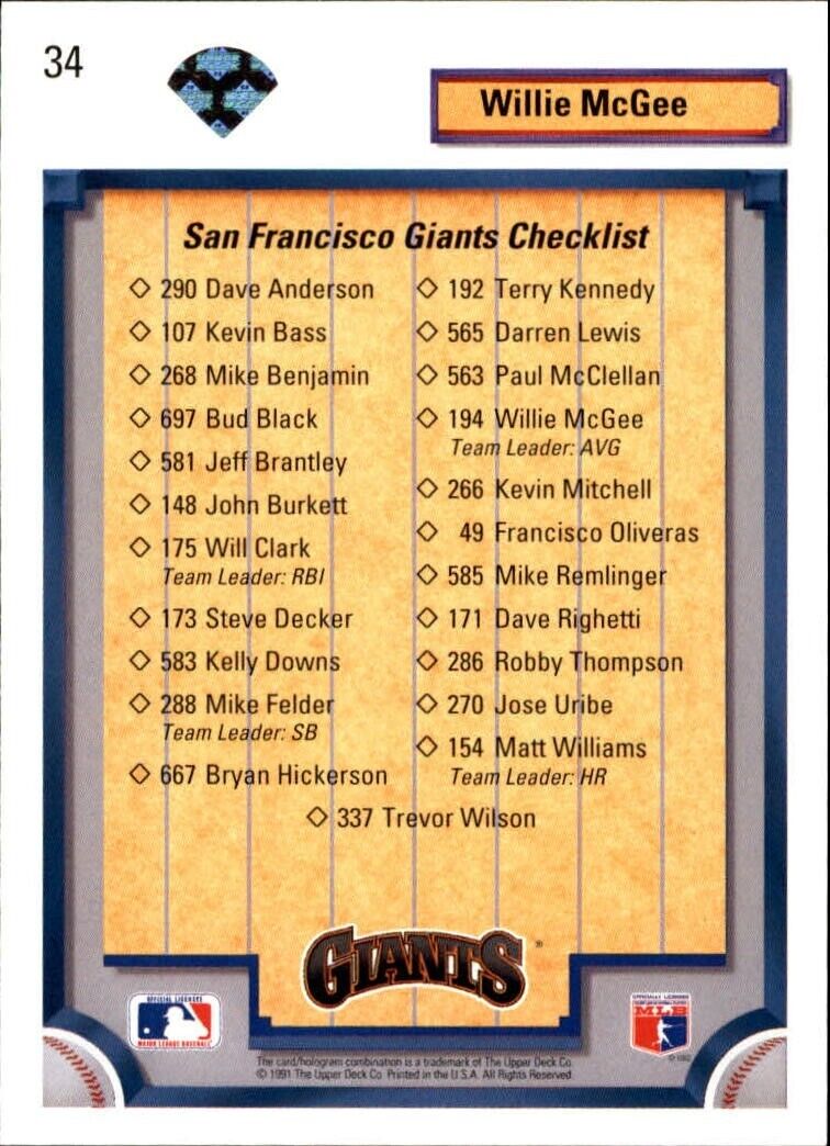 Willie McGee 1992 Upper Deck MLB #34 Team Checklist Card San Francisco Giants