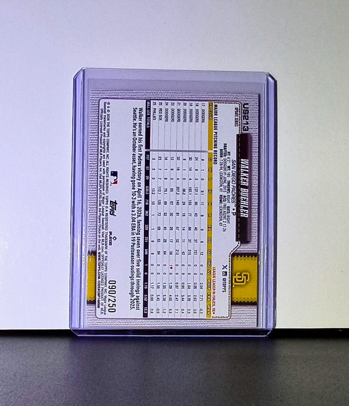 Walker Buehler 2026 Topps Update Purple Rainbow Foil MLB #US213 090/250 Padres