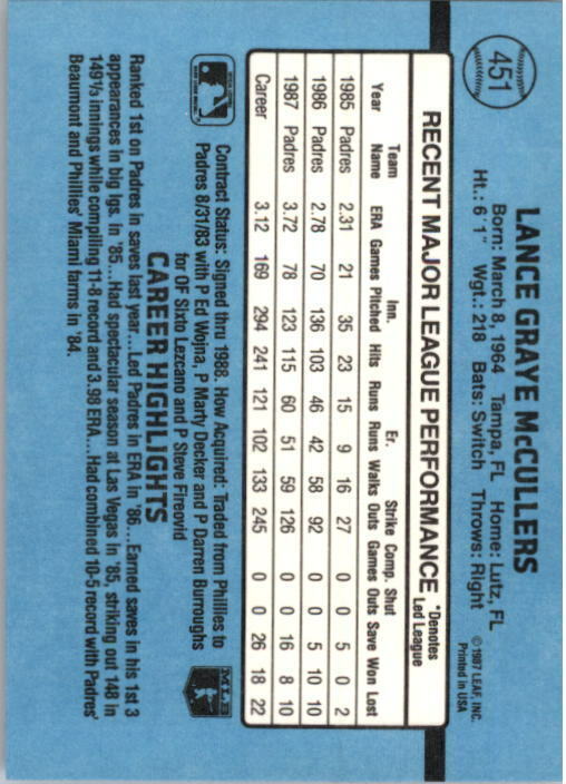 1988 Lance McCullers Donruss Baseball Card #451