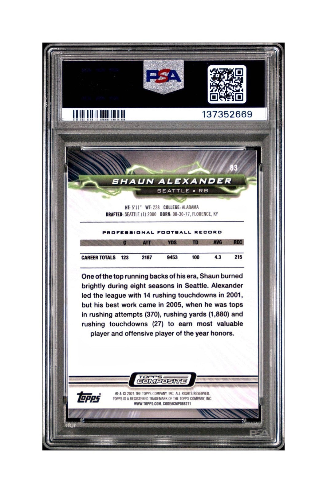 Shaun Alexander 2023 Topps Resurgence 071/200 #83 Yellow Surge PSA 9 Mint