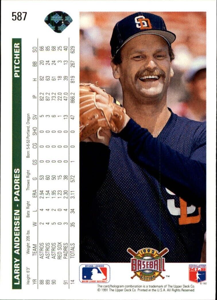 Larry Andersen 1992 Upper Deck MLB #587 Baseball Card San Diego Padres