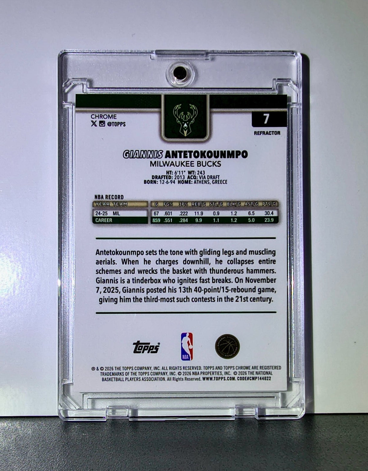 Giannis Antetokounmpo 2025-26 NBA Topps Chrome Update #7 Refractor Card Bucks