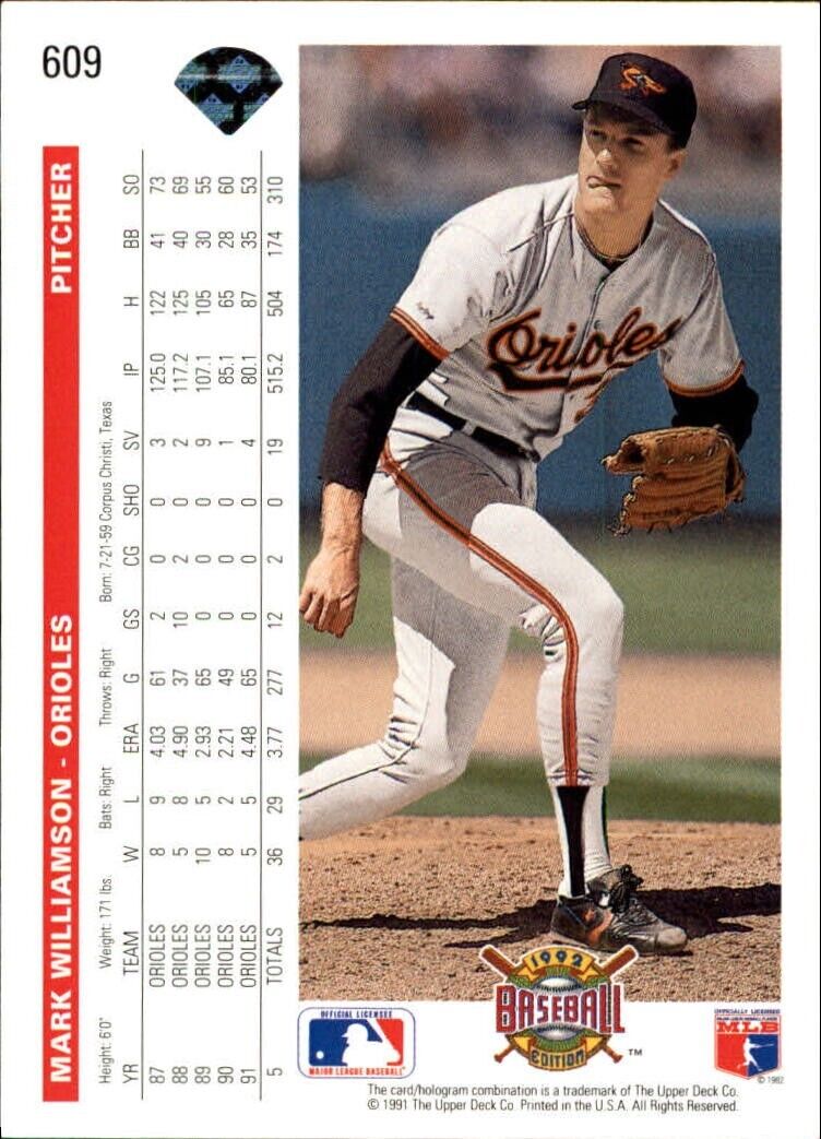 Mark Williamson 1992 Upper Deck MLB #609 Baseball Card Baltimore Orioles