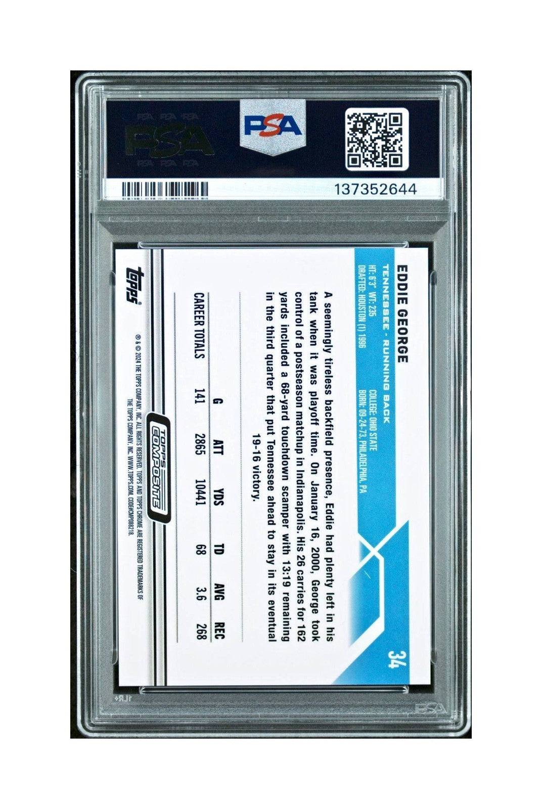 Eddie George 2023 Topps Chrome 012/250 #34 Purple Speckle Refractors PSA 9 Mint