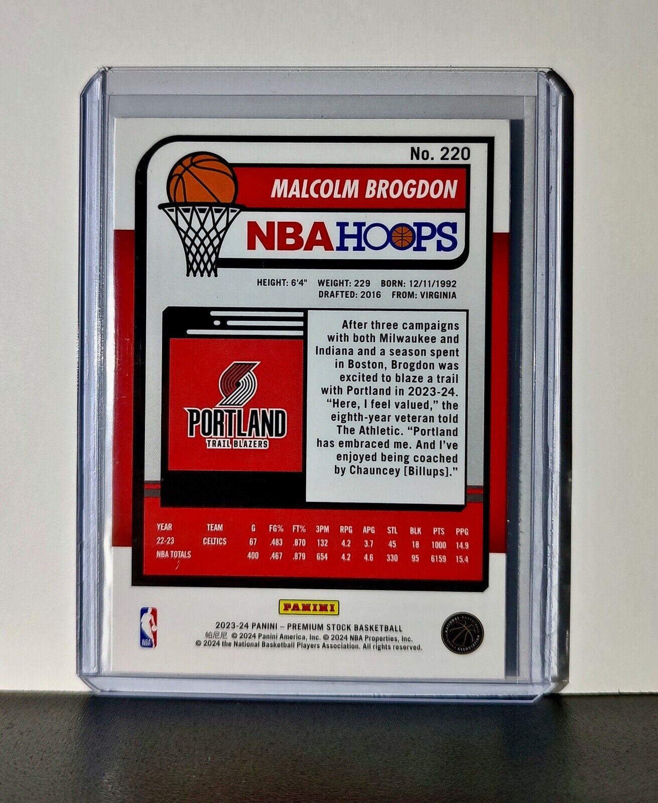 Malcolm Brogdon 2023-24 Panini Premium Stock NBA Hoops #220 Card Trail Blazers