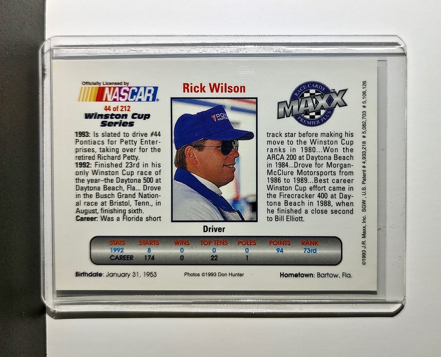 Rick Wilson 1993 Maxx Premier Plus Racing #44 NASCAR Card Petty Enterprises