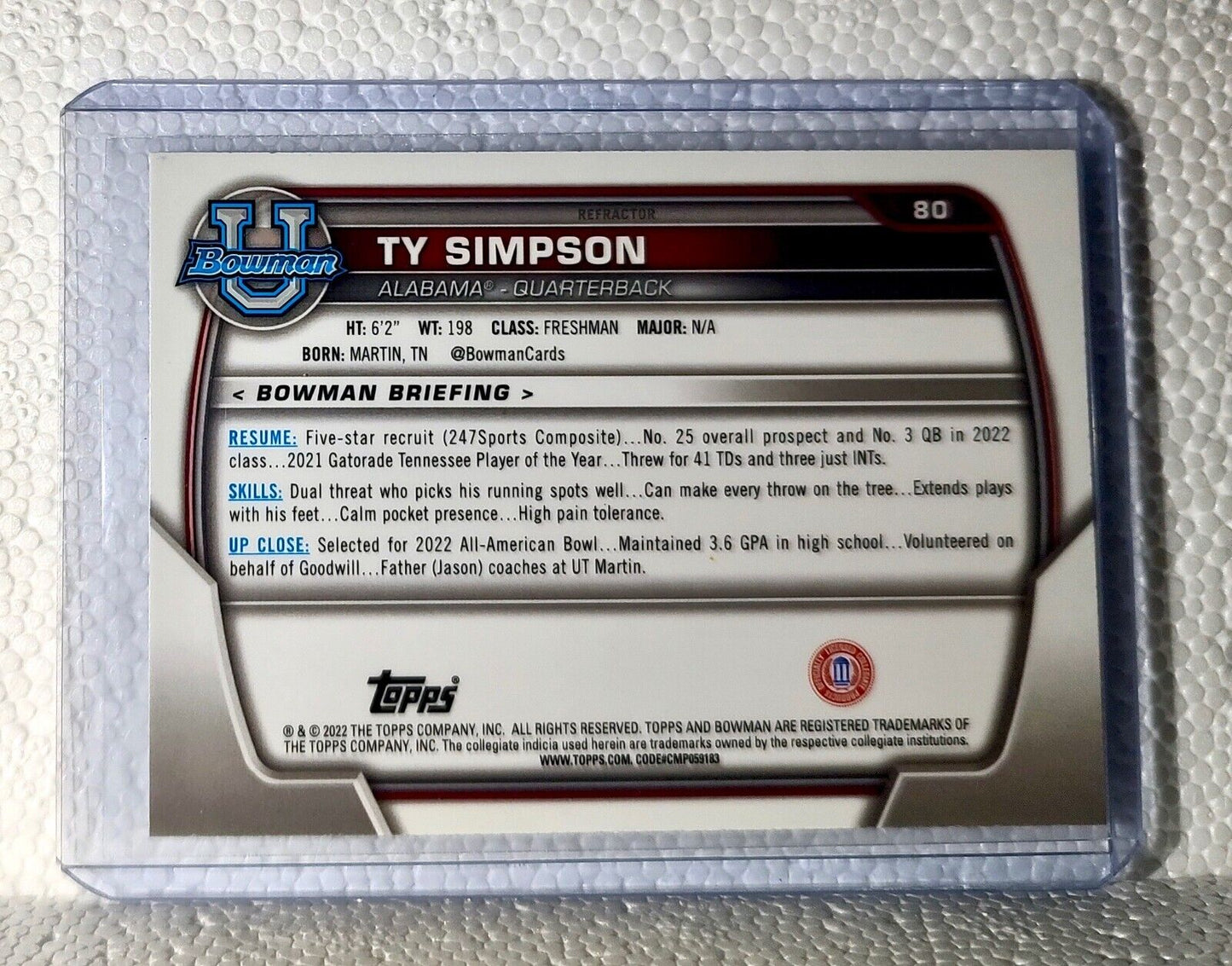 Ty Simpson 2022 Topps 1st Bowman U Refractor Football #80 Card Alabama