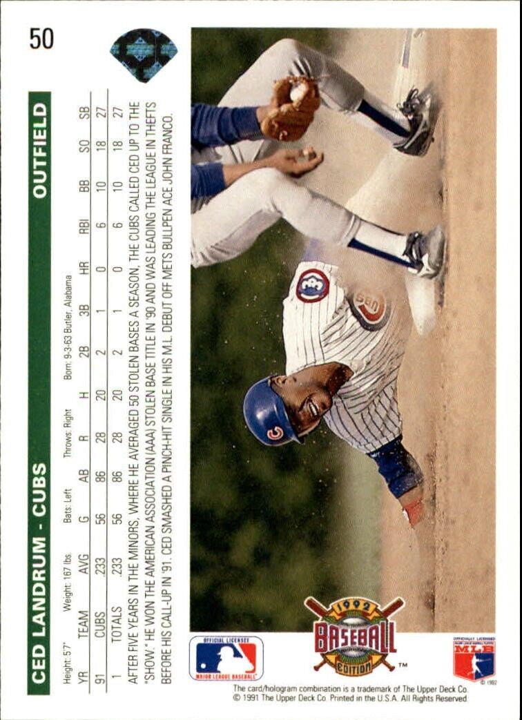 Ced Landrum 1992 Upper Deck MLB #50 Baseball Card Chicago Cubs