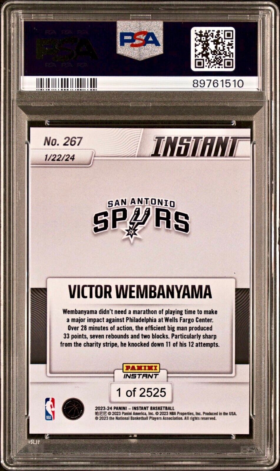 Victor Wembanyama 2023-24 Panini #267 NBA Rookie Card 1 of 2525 PSA 8 NM-MT