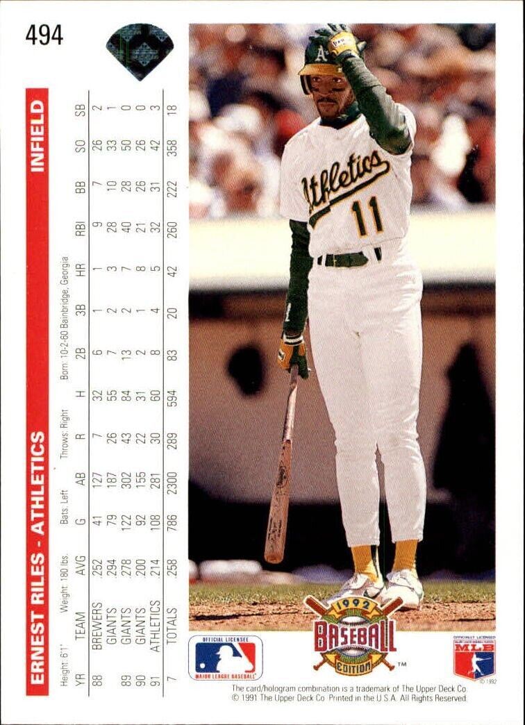 Ernest Riles 1992 Upper Deck MLB #494 Baseball Card Oakland Athletics