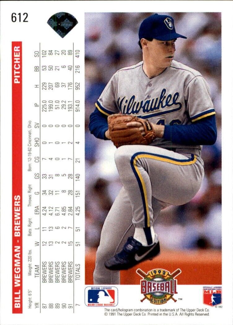 Bill Wegman 1992 Upper Deck MLB #612 Baseball Card Milwaukee Brewers