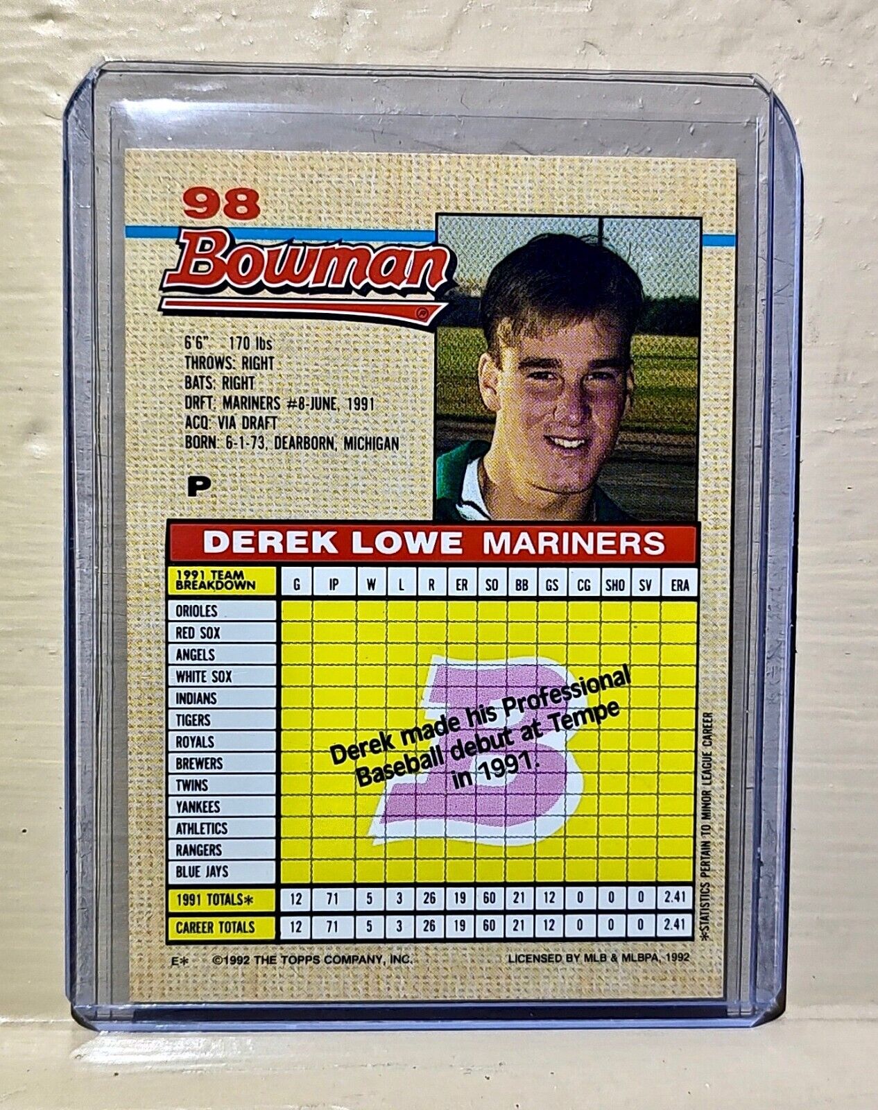 Derek Lowe 1992 Topps Bowman MLB #98 Baseball Card Seattle Mariners