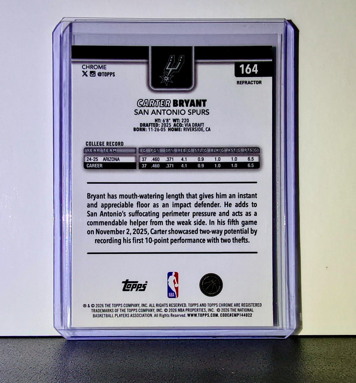 Carter Bryant Rookie 2025-26 NBA Topps Chrome Update Refractor #164 Card Spurs