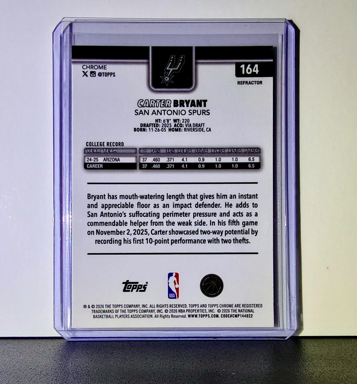 Carter Bryant Rookie 2025-26 NBA Topps Chrome Update Refractor #164 Card Spurs