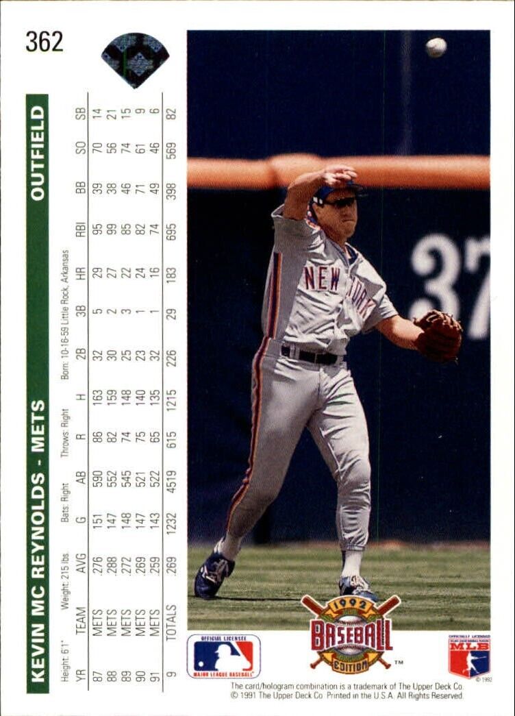 Kevin McReynolds 1992 Upper Deck MLB #362 Baseball Card New York Mets