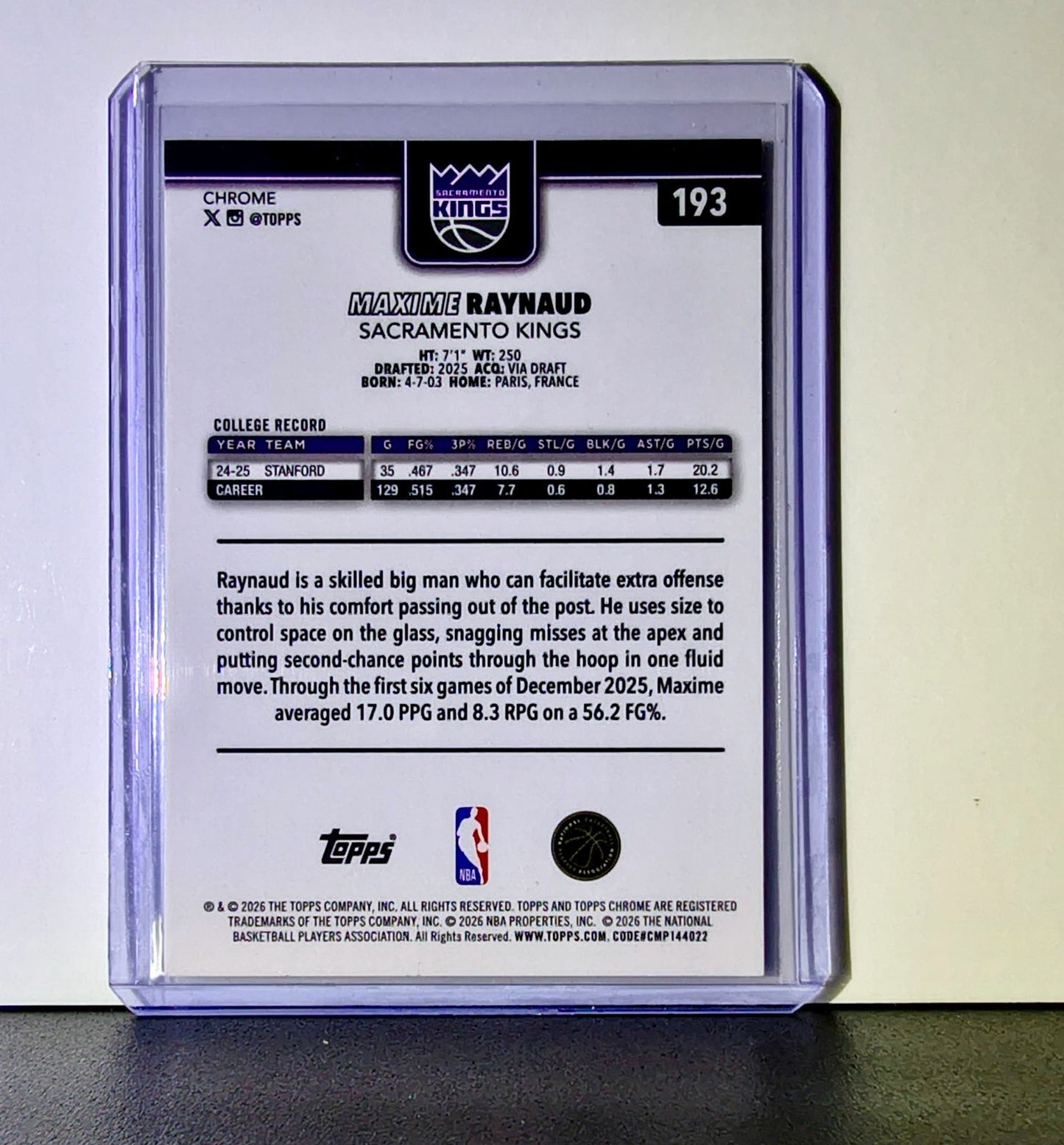 Maxime Raynaud Rookie 2025-26 NBA Topps Chrome Update X-Fractor #193 Card Kings