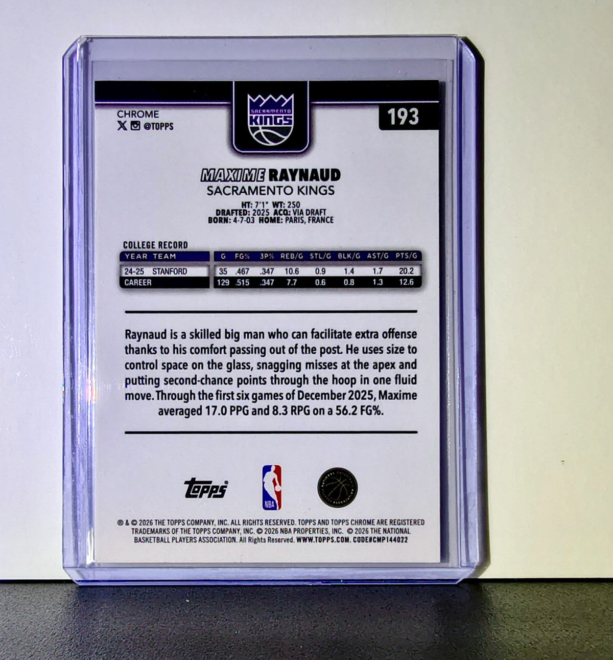 Maxime Raynaud Rookie 2025-26 NBA Topps Chrome Update X-Fractor #193 Card Kings