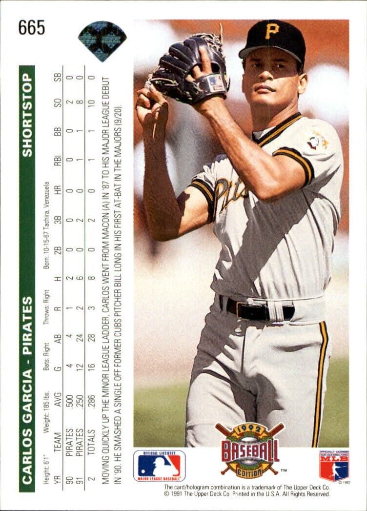 Carlos Garcia 1992 Upper Deck MLB #665 Baseball Card Pittsburgh Pirates