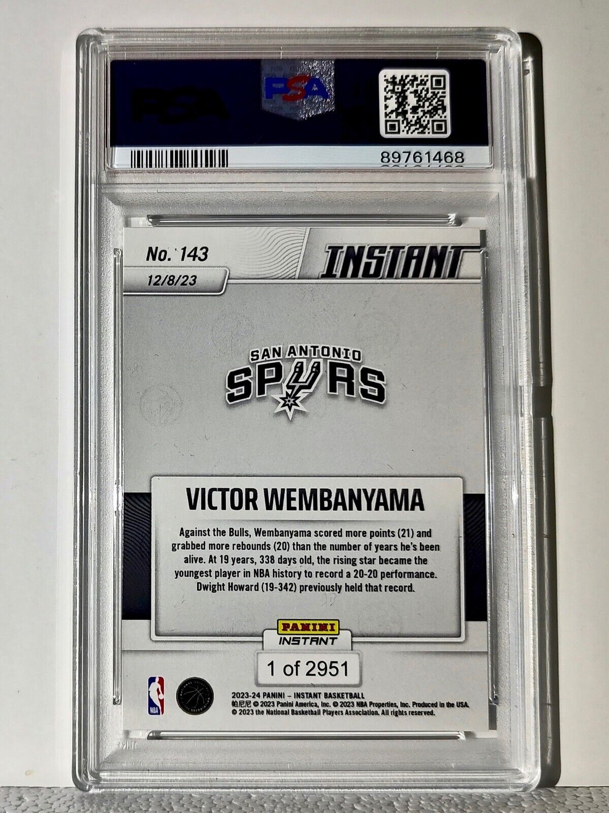 Victor Wembanyama 2023-24 Panini #143 NBA Rookie Basketball Card 1 of 2951 PSA 9